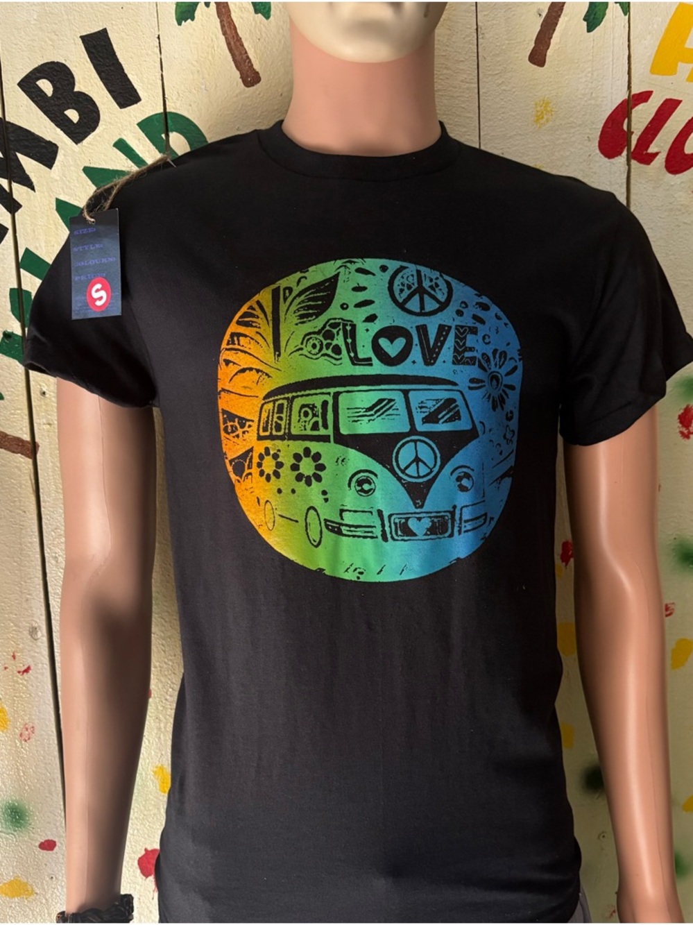 Black Tee with Rainbow VW Bus LOVE Graphic peace and love
